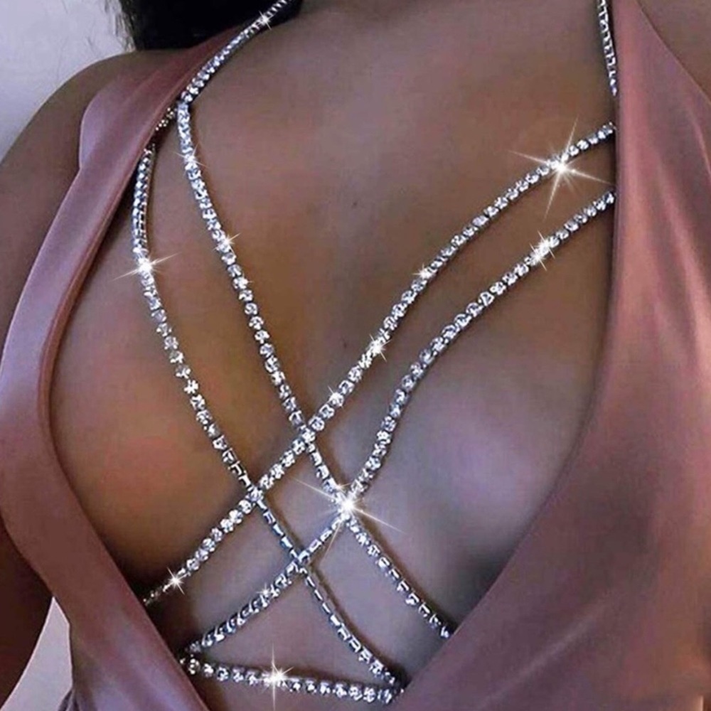 New Revolve Cross Chest Silver & Rhinestone Body Chain / Body Jewelry